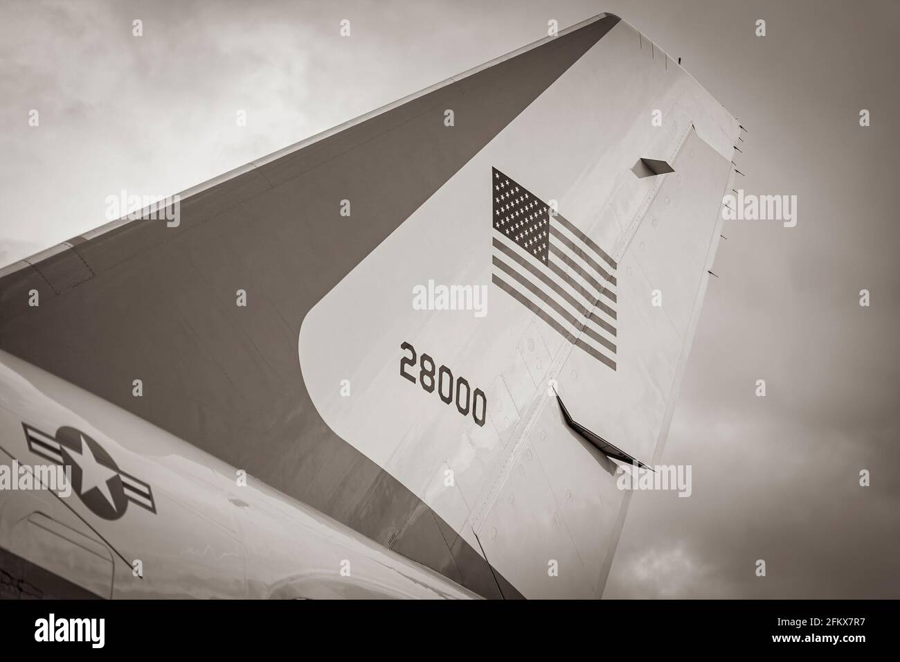The tail of Air Force One is seen Friday, Feb. 26, 2021, at Ellington Field Joint Reserve Base