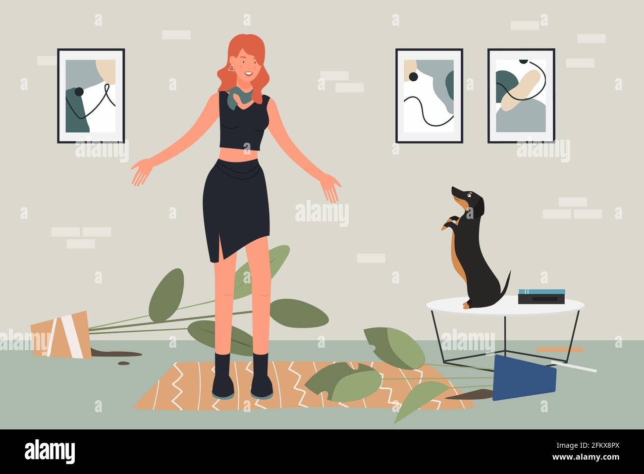 Pet dog education, overwhelmed pet owner young woman upset by dachshund dog behavior Stock Vector