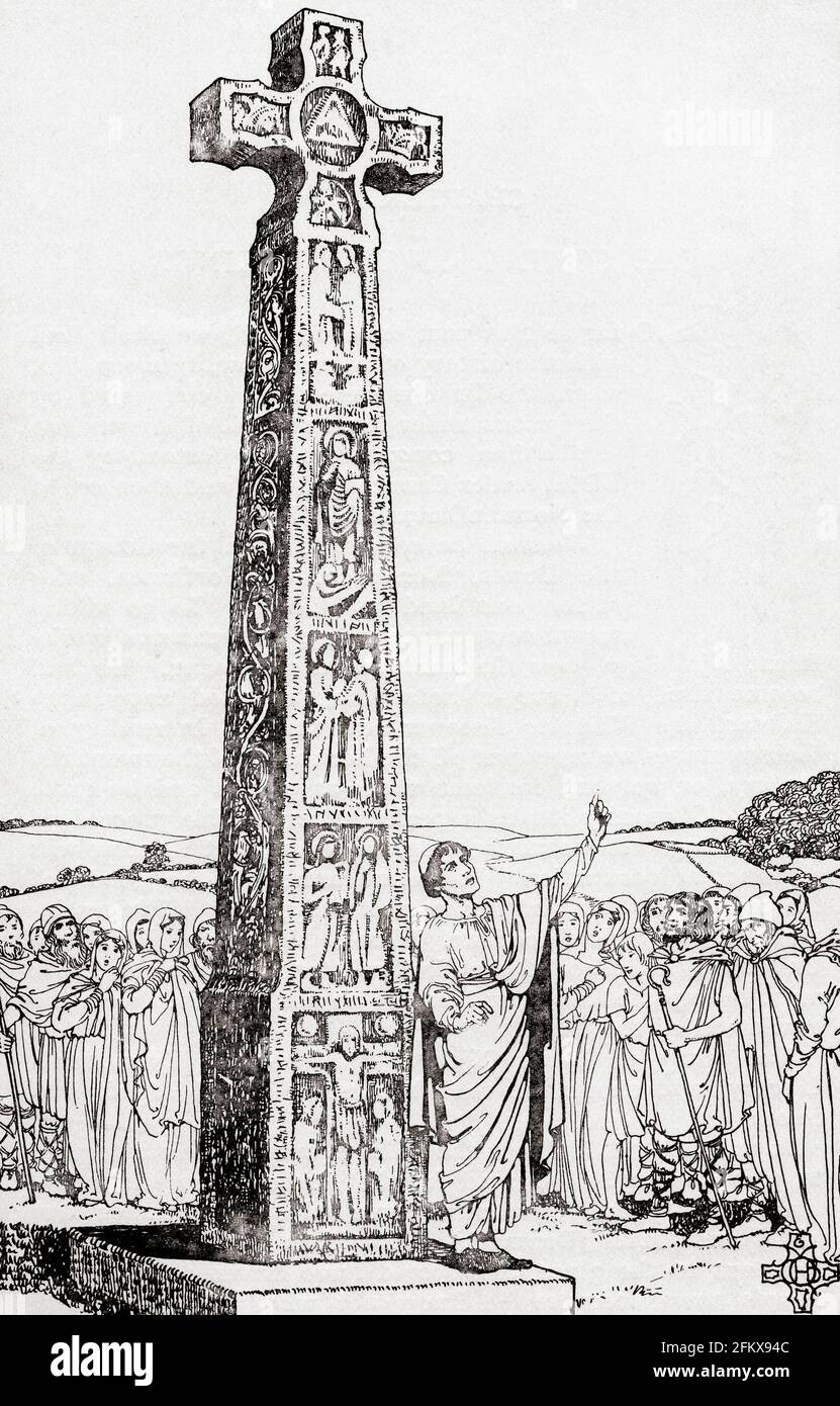 The Ruthwell Cross - partial reconstruction. The cross is now inside Ruthwell church, Dumfrieshire, Scotland.  From Everday Life in Anglo-Saxom, Viking and Norman Times, published 1926. Stock Photo