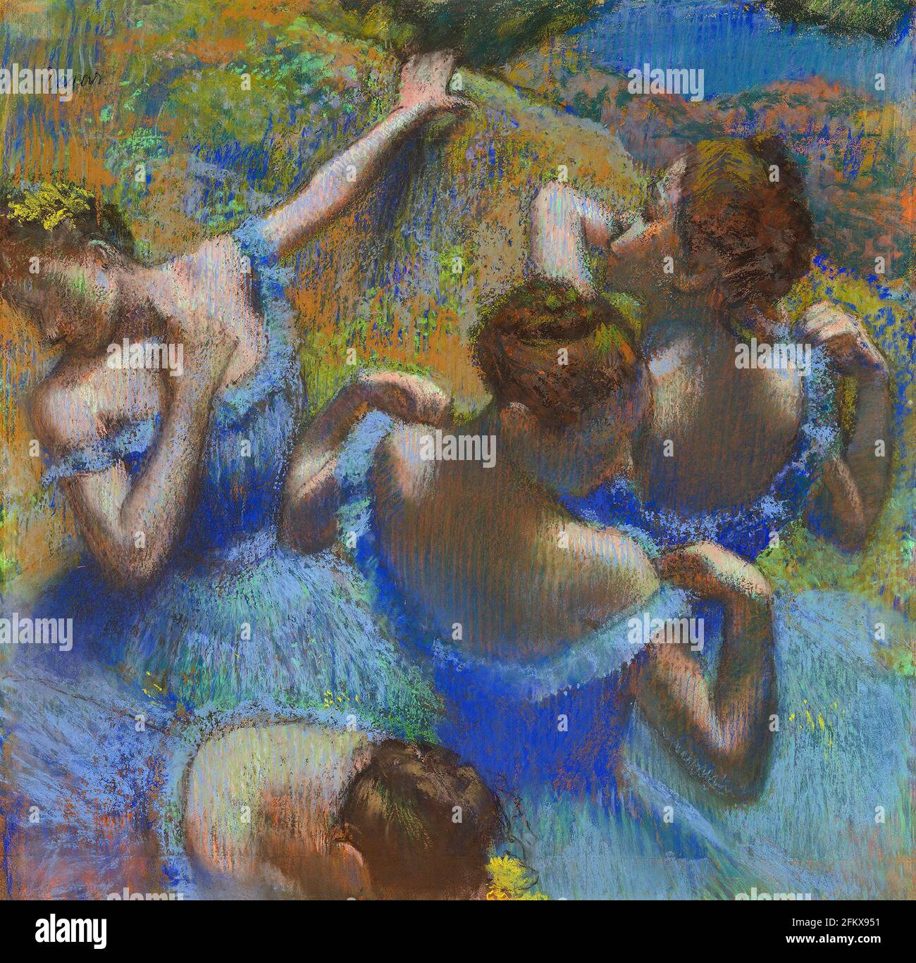 Title: Blue Dancers Creator:  Edgar Degas Date: c.1899 Medium: Pastel on paper Dimensions: 65x65 cms Location: Pushkin Museum, Moscow, Russia Stock Photo