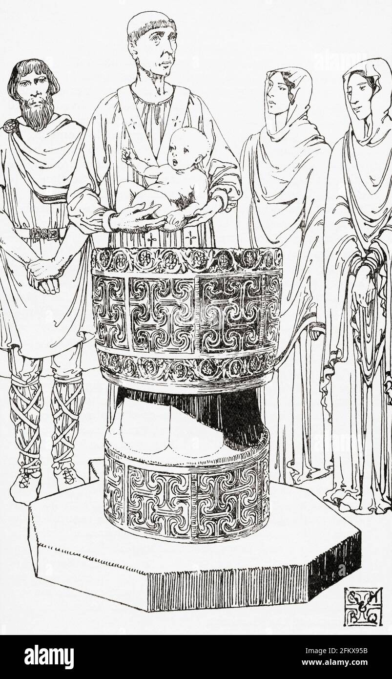 The baptismal font in Deerhurst church, Gloucestershire, England. From Everday Life in Anglo-Saxon, Viking and Norman Times, published 1926. Stock Photo