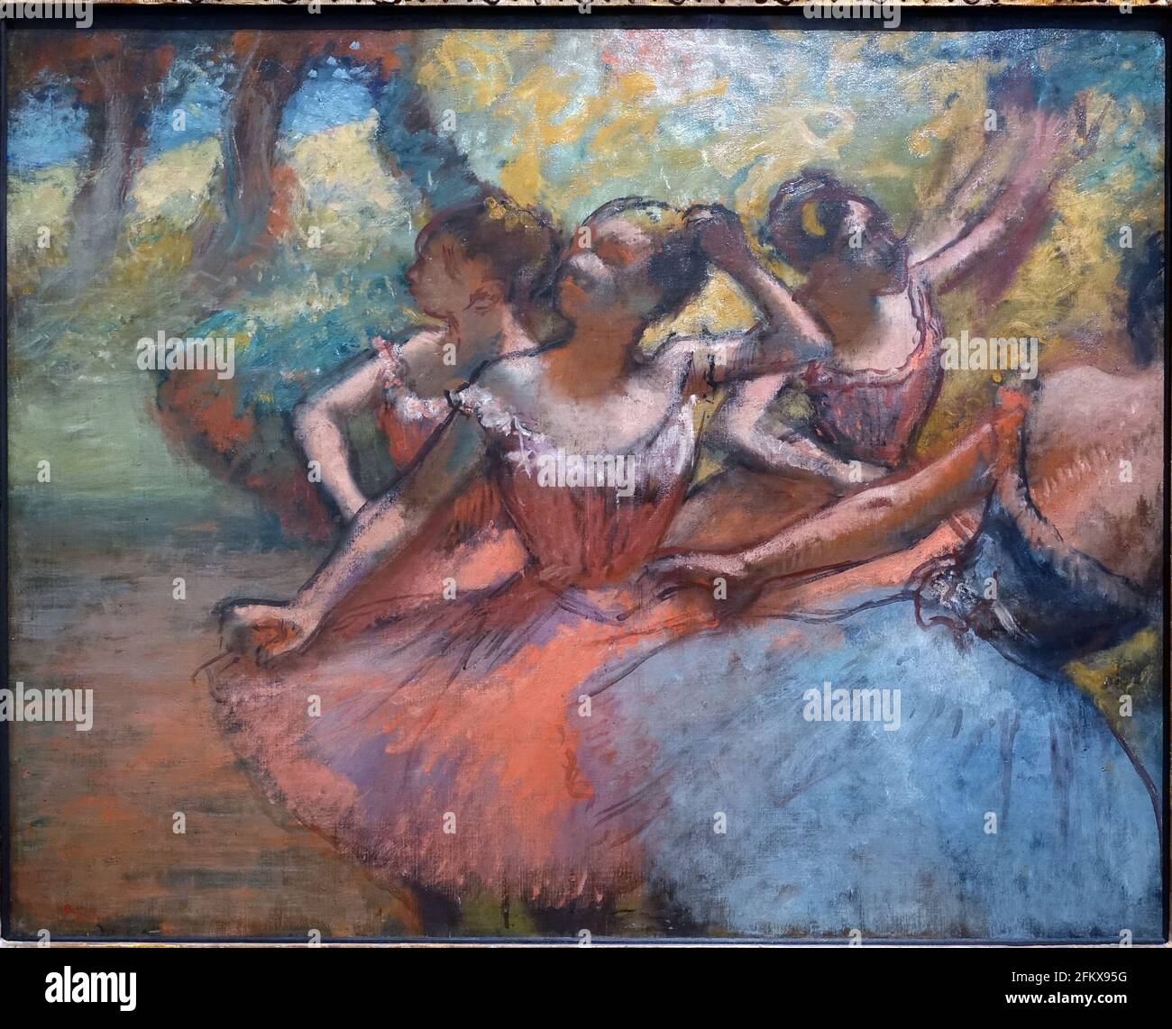 Title: Four ballerinas on the stage Creator:  Edgar Degas Date: c. 19th Medium: Pastel on paper Location: Museu de Arte, Sao Paulo, Brazil Stock Photo