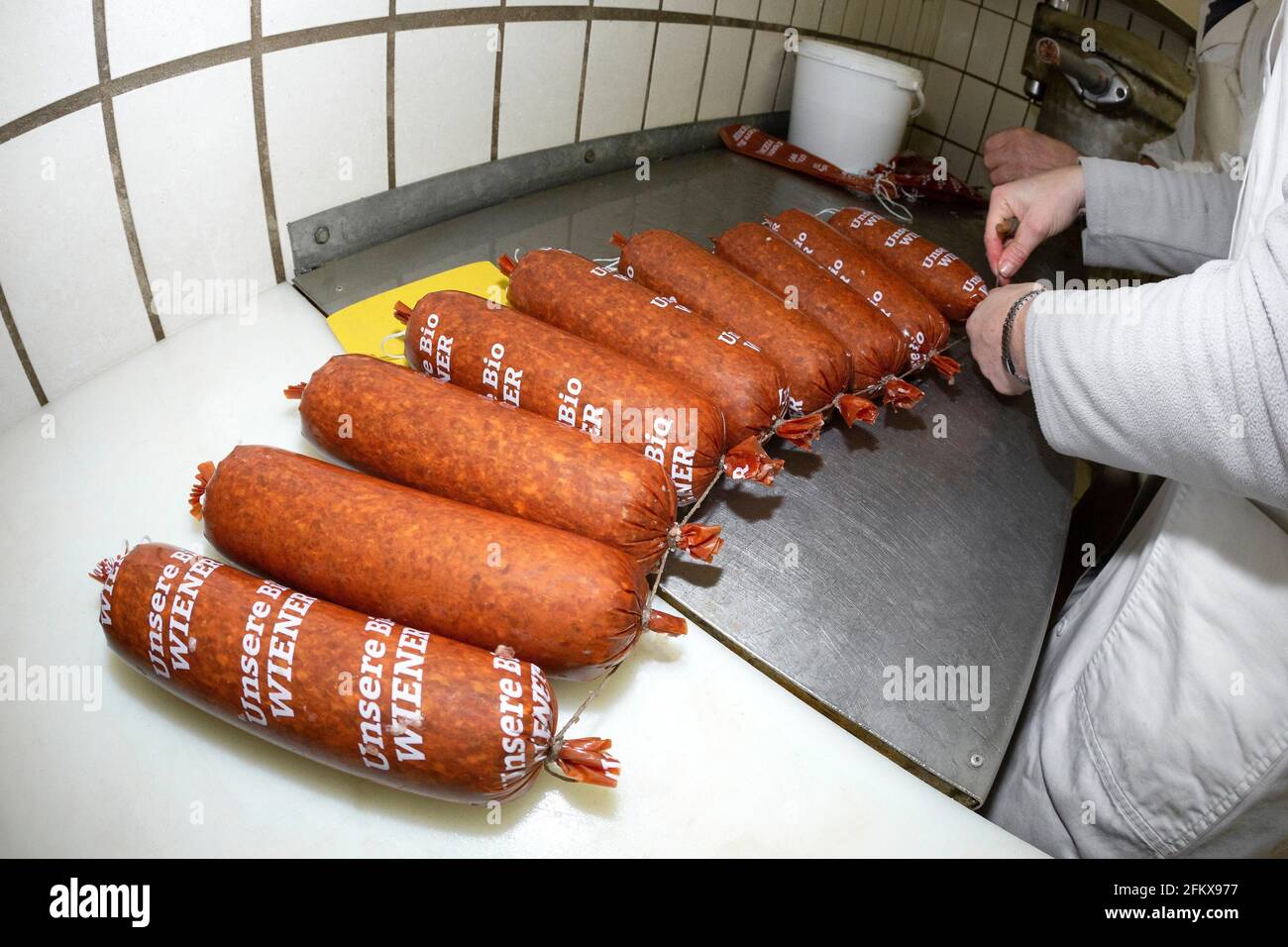 Sausage Organic Viennese, Sausage Sticks Tying Stock Photo