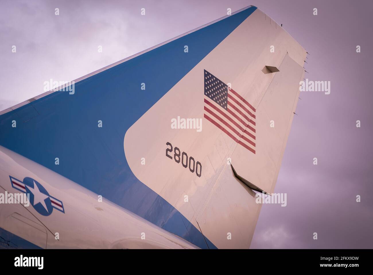 The tail of Air Force One is seen Friday, Feb. 26, 2021, at Ellington Field Joint Reserve Base