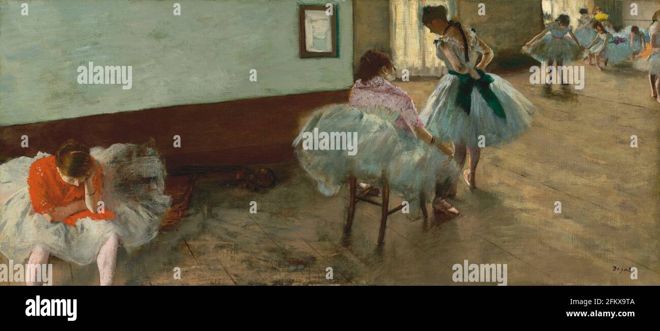 Title: The Dance Lesson Creator:  Edgar Degas Date:  c.1879 Medium: Oil on canvas Dimensions: 38 x 88 cms Location: National Gallery of Art, Washington DC, USA Stock Photo