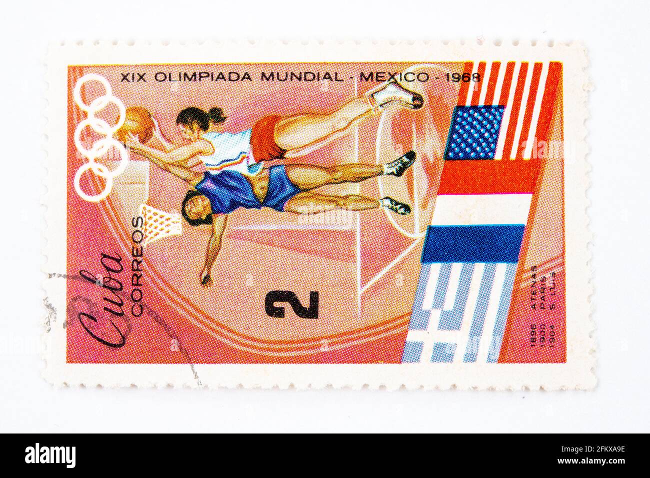 Antique 'Cuba Correos' postal stamp themed on the XIX Olympic Games in Mexico. Edition 1968 Stock Photo