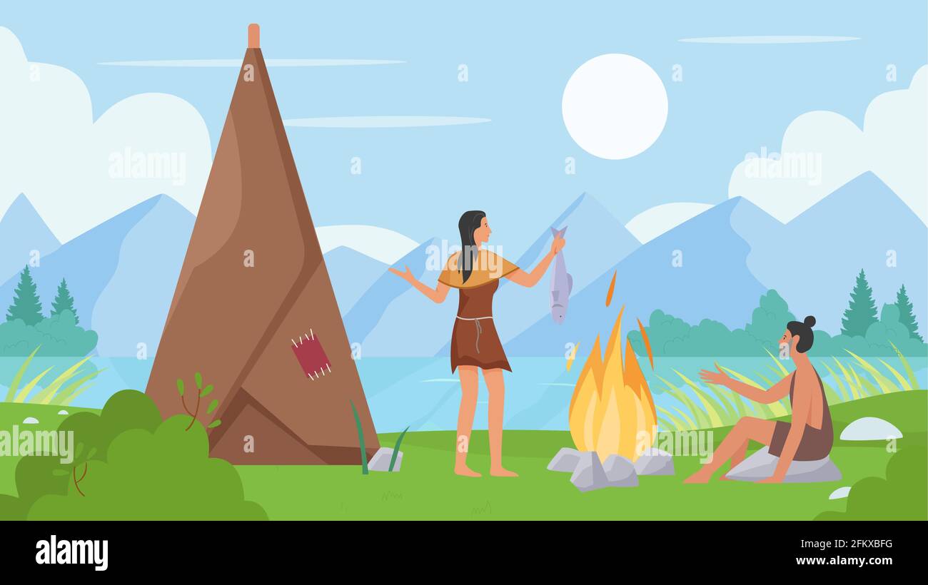 Prehistoric people cook food, primitive caveman sitting by fire, woman cooking fish Stock Vector