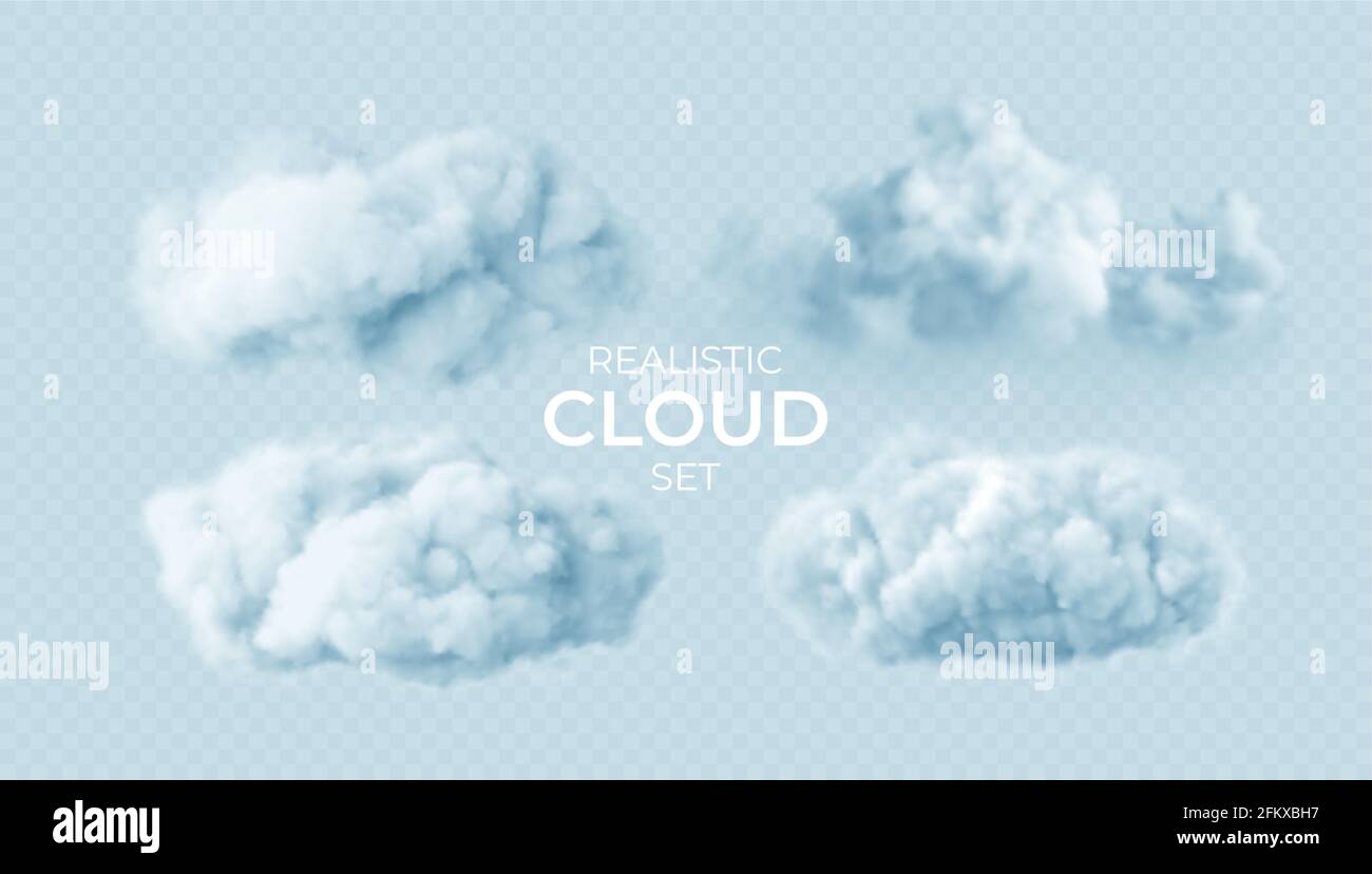 Realistic white fluffy clouds set isolated on transparent background. Cloud sky background for your design. Vector illustration Stock Vector