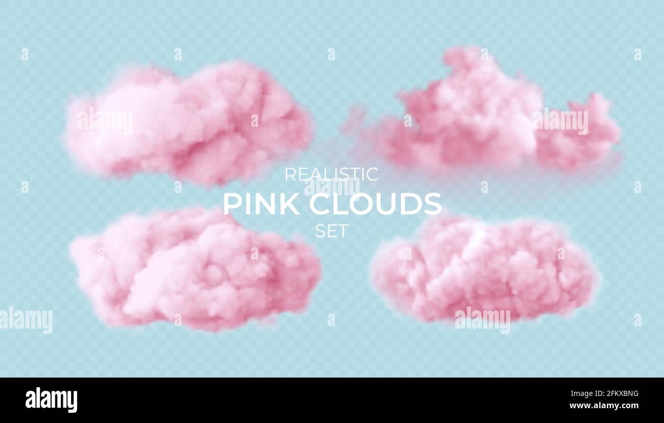 Realistic pink fluffy clouds set isolated on transparent background. Cloud sky background for your design. Vector illustration Stock Vector