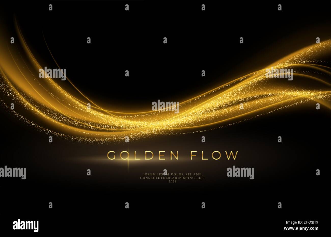 Gold wave flow and golden glitter on black background. Abstract shiny