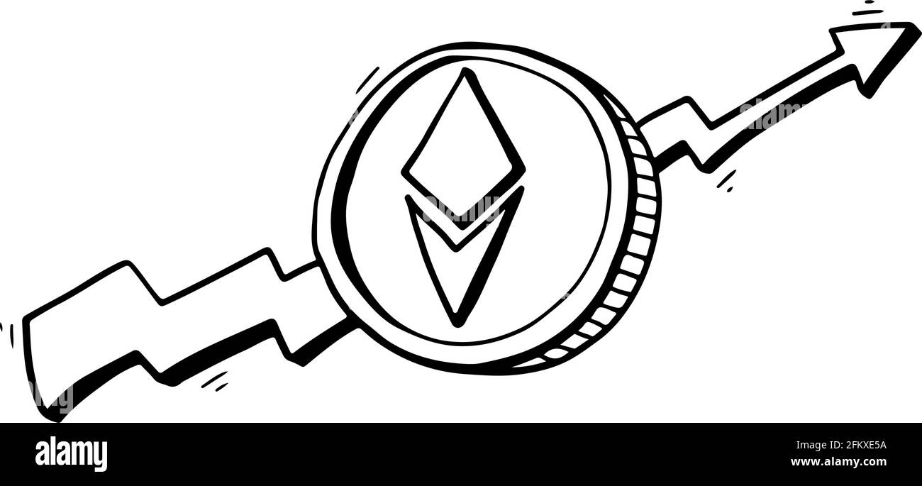 Cryptocurrency coin Ethereum with arrow growth graph in doodle style ...