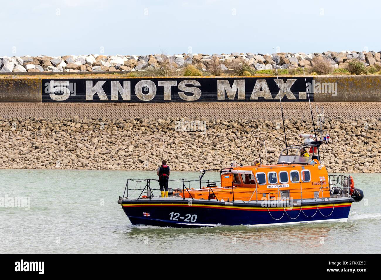 Sovereign Harbour East Sussex, UK. 4th May, 2021. After nearly 30 years of service to Margate the RNLI Mersey class all-weather lifeboat ‘Leonard Kent' has been retired. This afternoon the vessel and her crew stopped at Eastbourne's Sovereign Harbour en route to her final decommissioning. Since being named in 1992 by HRH Princess Alexandra the Leonard Kent has launched over 400 times saving 21 lives and offering aid to 599 others. Credit: Newspics UK South/Alamy Live News Stock Photo