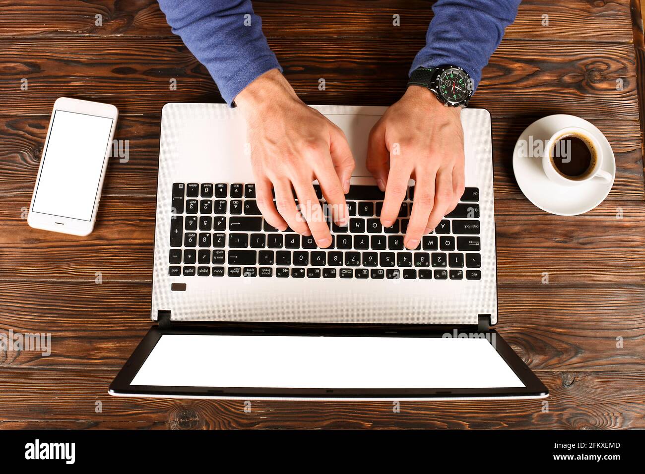 Top view of man surfing internet, online shopping, close up of hands on ...