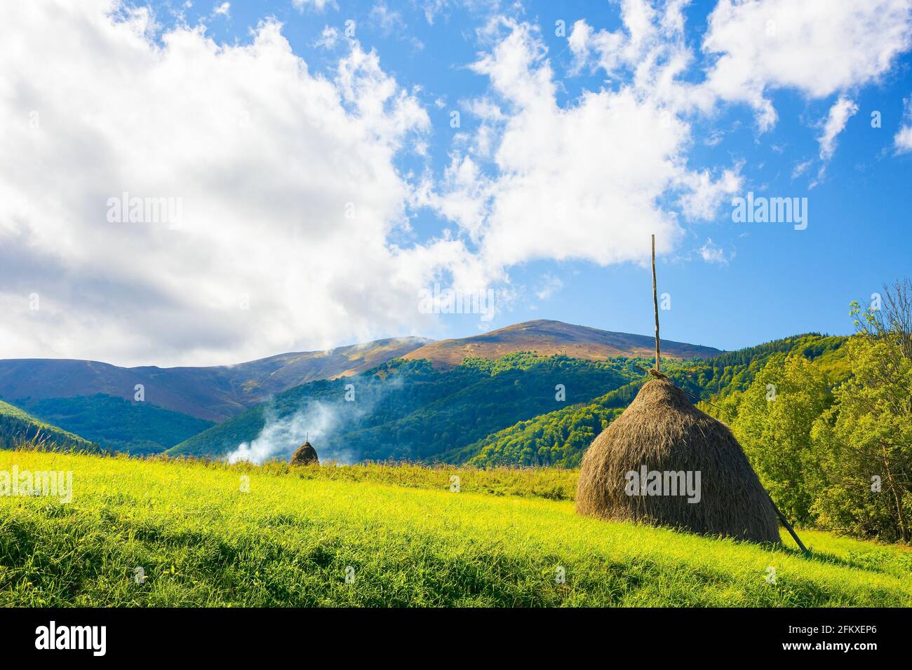 rural landscape with haystacks on the hill. fields and meadows in mountains. wonderful carpathian countryside scenery on a bright september day. cloud Stock Photo