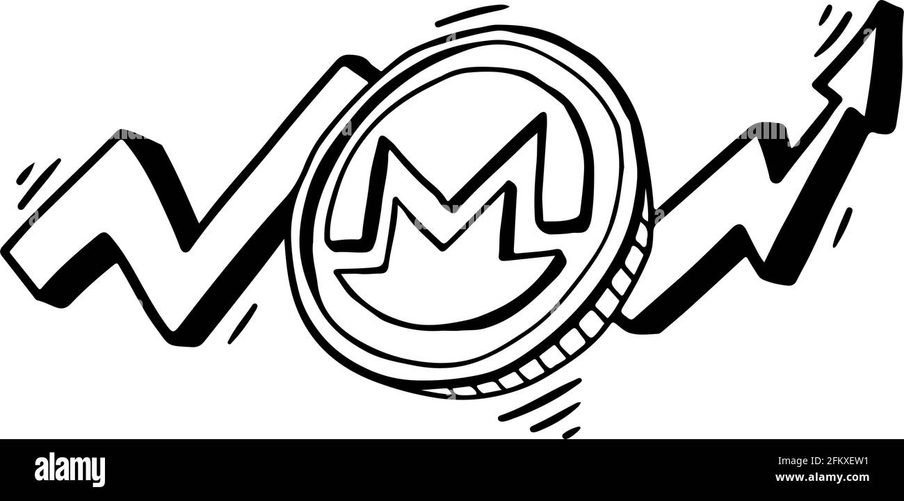 Cryptocurrency coin monero with arrow growth graph in doodle style ...