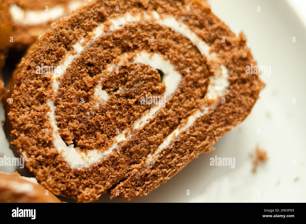 Chocolate sponge roll with a vanilla flavour filling, chocolate swiss