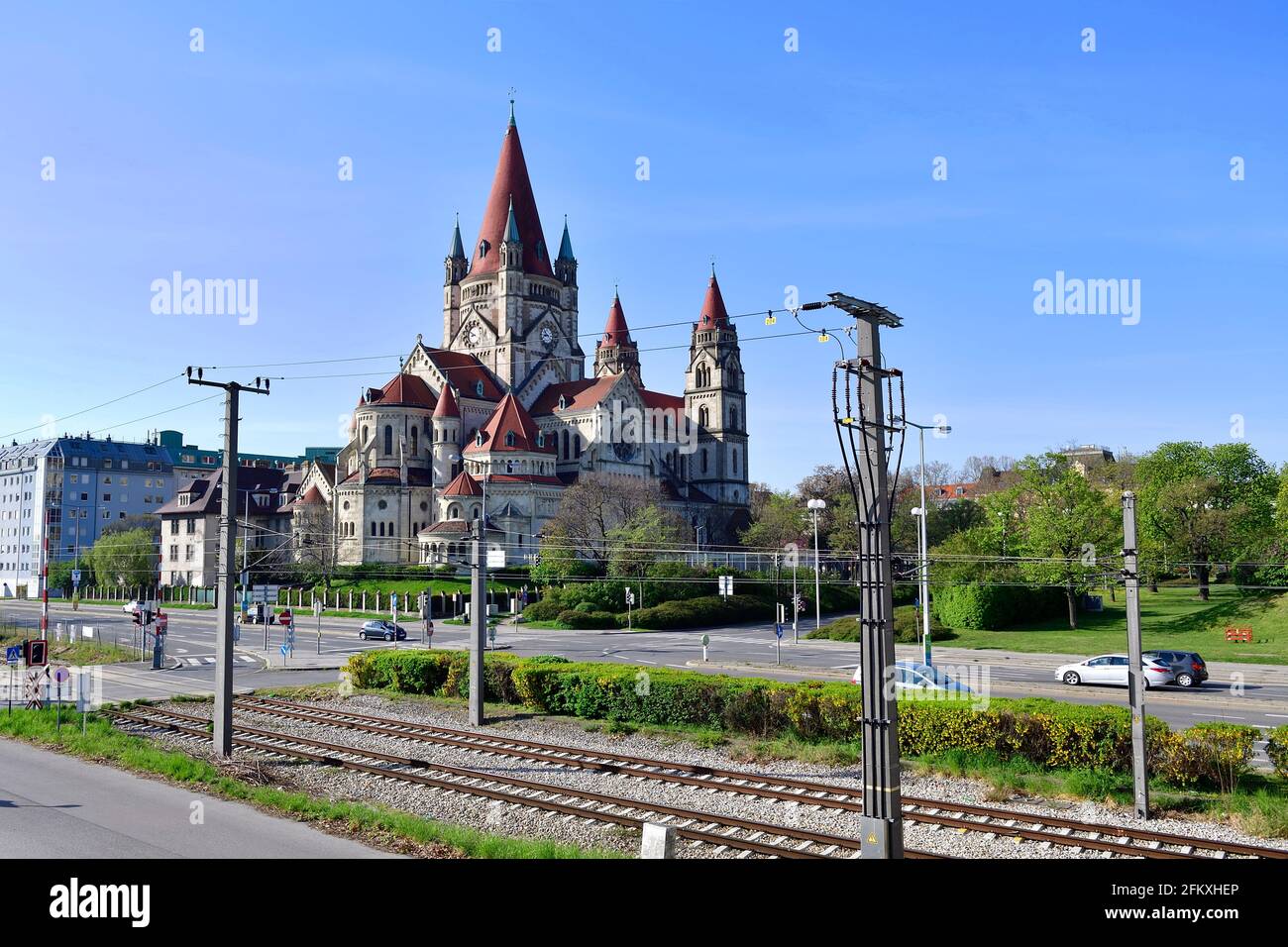 Vienna, Austria. Franz von Assisi Church in Leopoldstadt as seen from Handelskai Stock Photo