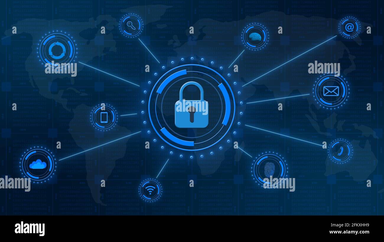 Closed padlock central on digital background in blue - cyber security ...