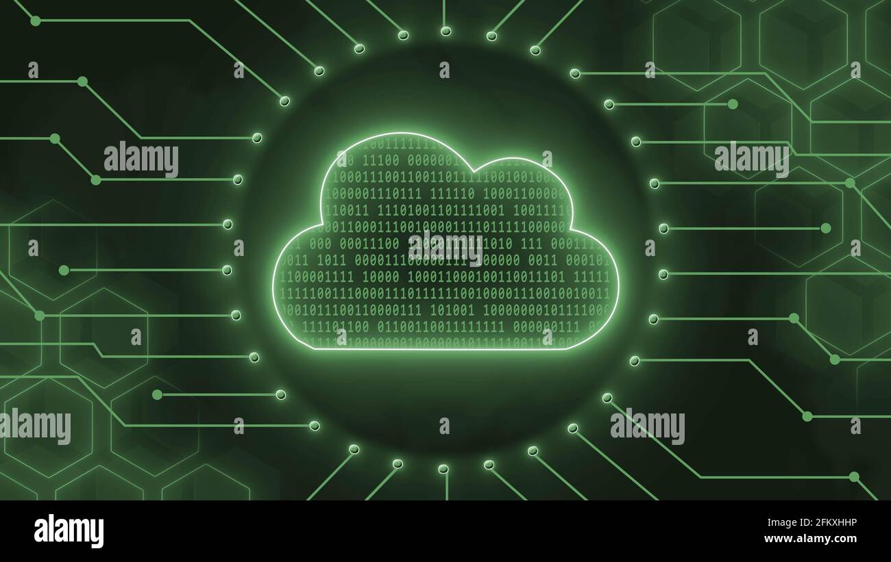 Digital cloud computing concept in green - binary code into data cloud between information connecting lines and blur honeycomb elements on background Stock Photo