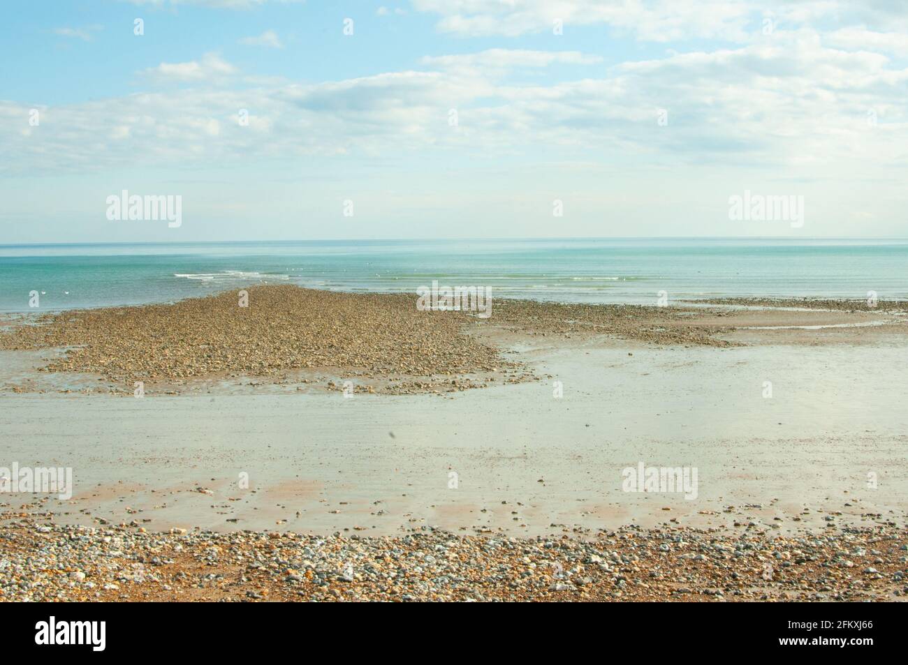 shingle at low tide, East Beach, Littlehampton, West Sussex, UK Stock Photo