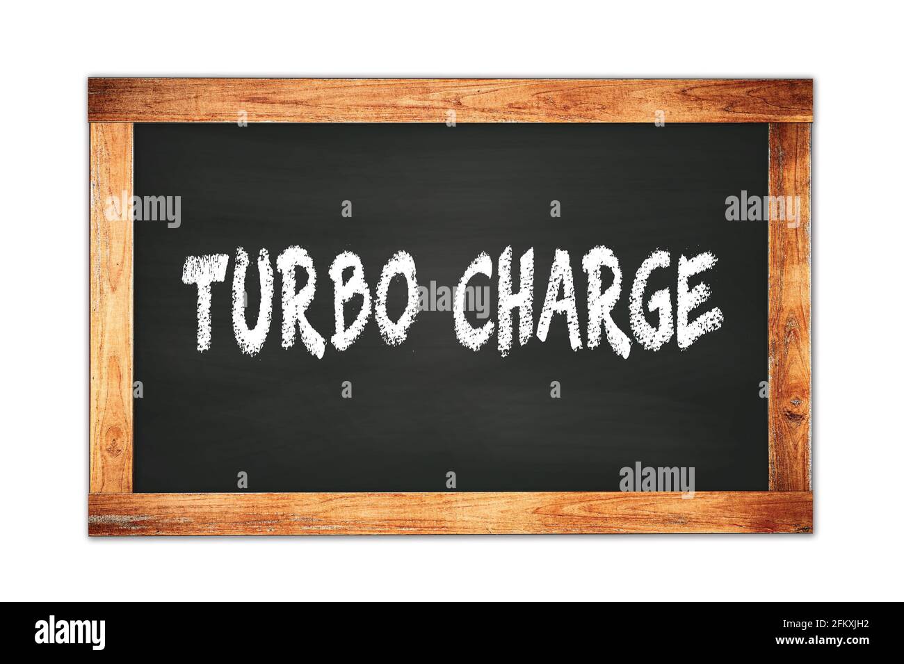 TURBO  CHARGE text written on black wooden frame school blackboard. Stock Photo