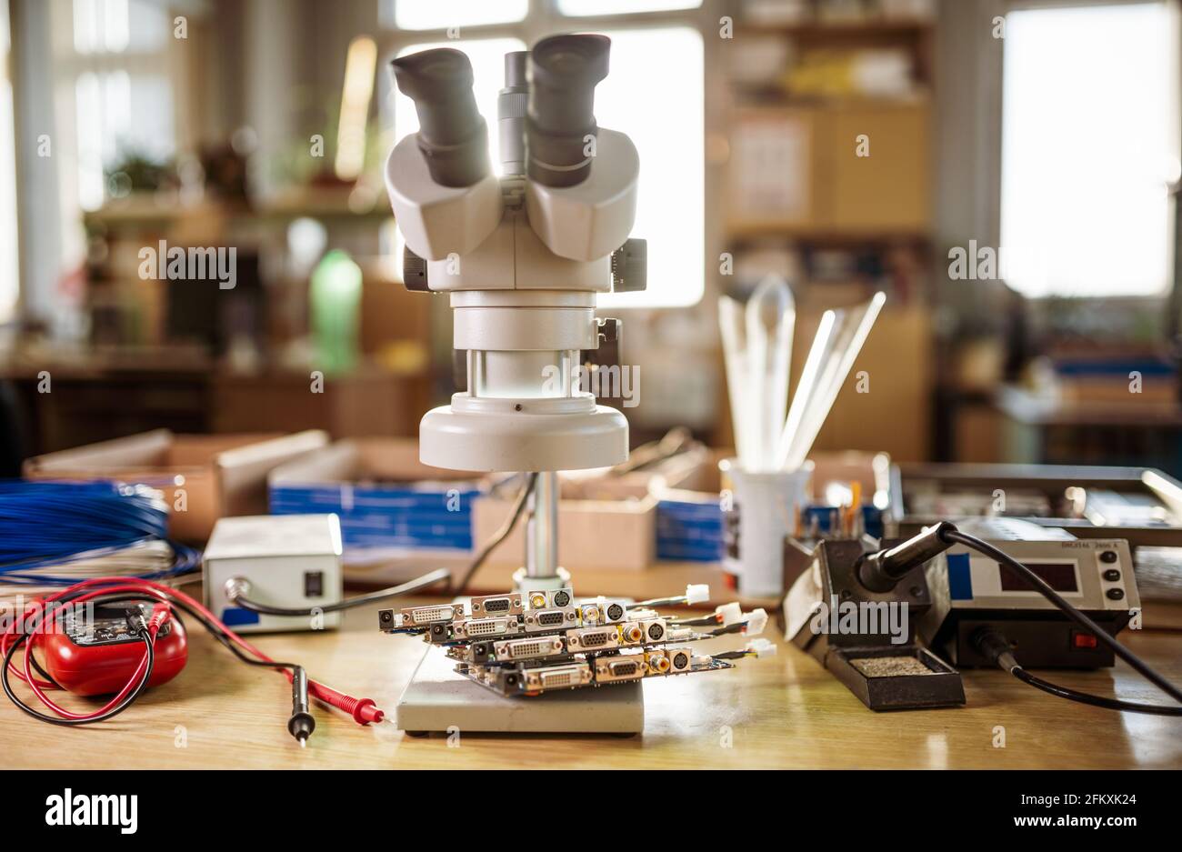 Modern microscope, electronic components in a scientific laboratory Stock Photo