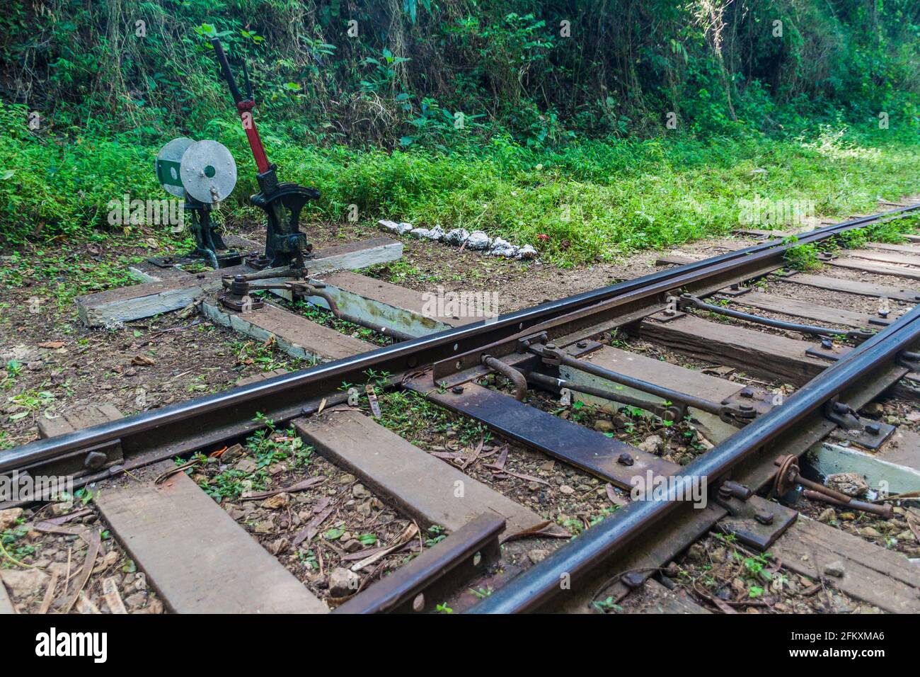 Railroad switch near Gokteik Gok Teik viaduct on the railway line Mandalay - Hsipaw, Myanmar Stock Photo