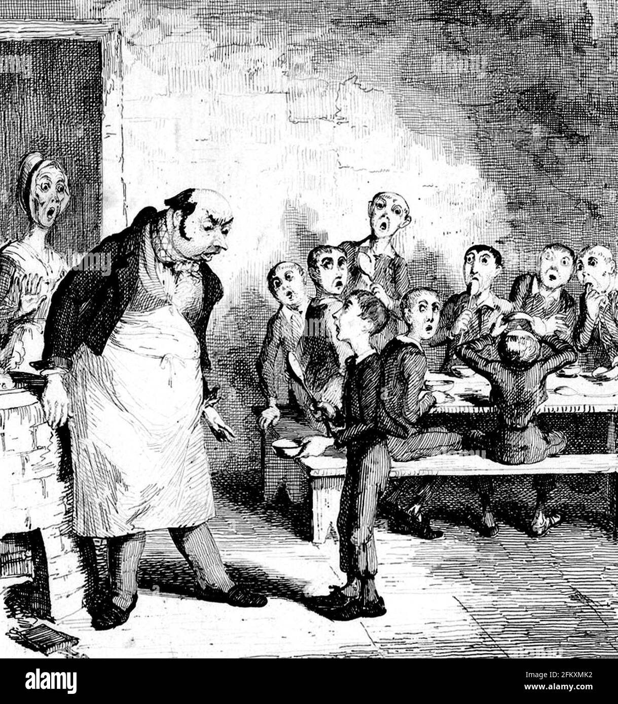 Oliver Twist. Illustration from the frontispiece to a first edition of  Charles Dickens' "Oliver Twist", George Cruikshank, 1838 Stock Photo - Alamy