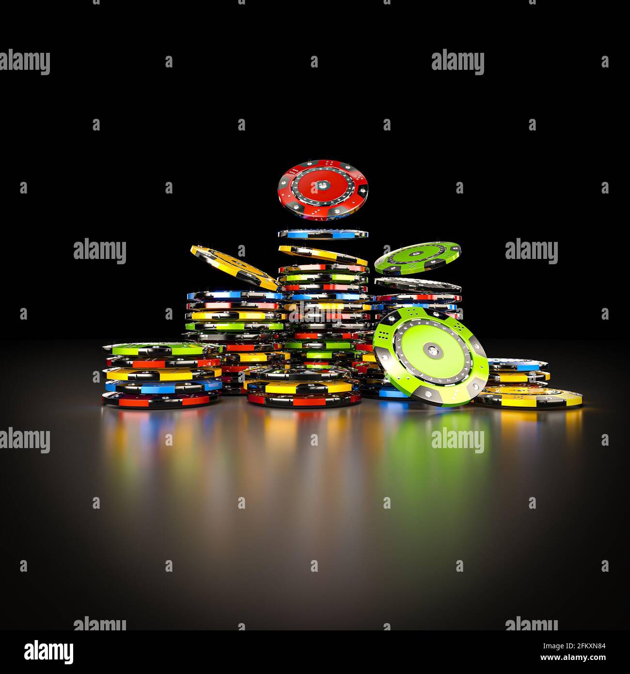 multicolored casino chips on black. 3d render Stock Photo