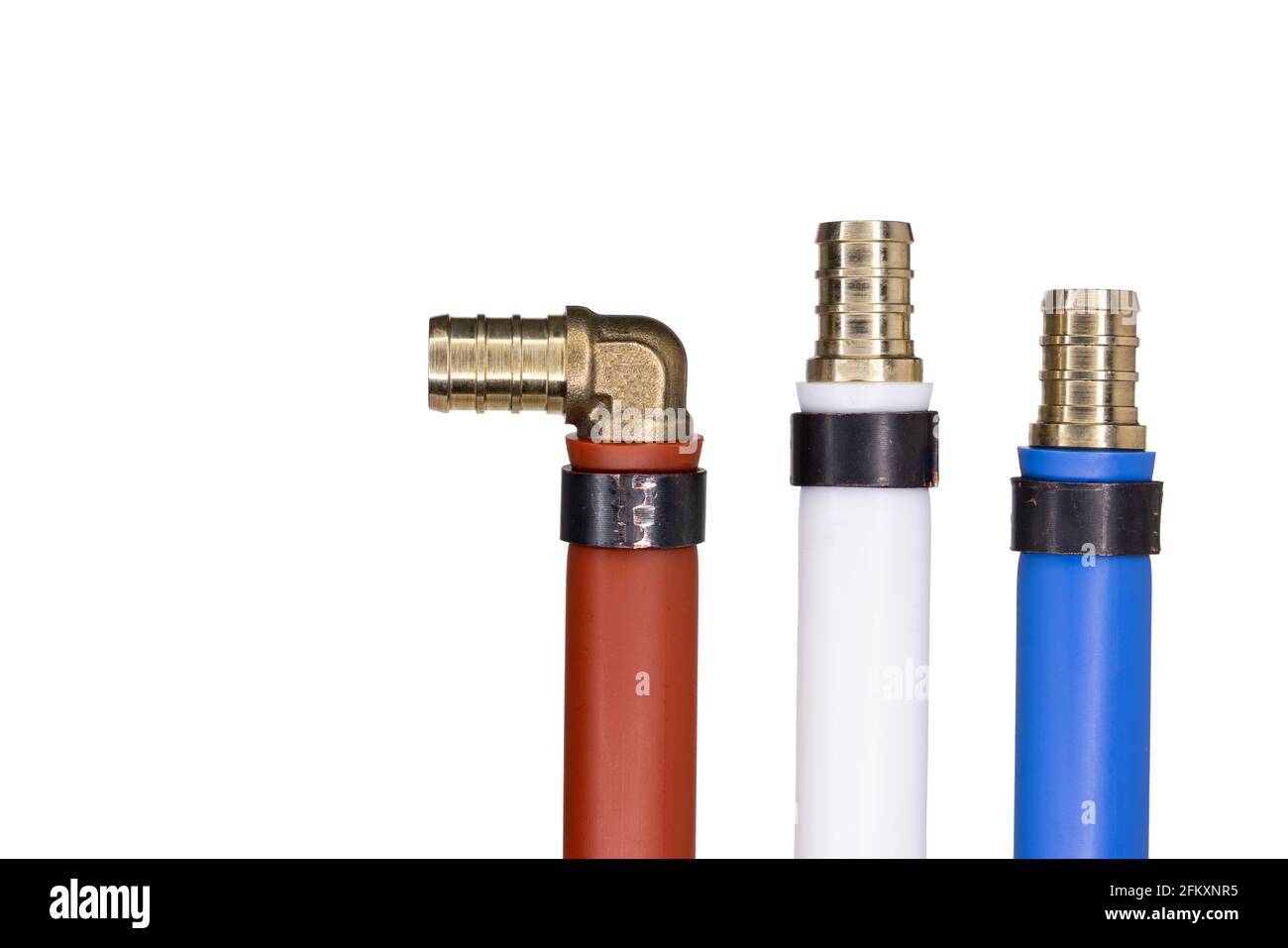 Red White and Blue Pex Water Pipe with Open Connectors Stock Photo