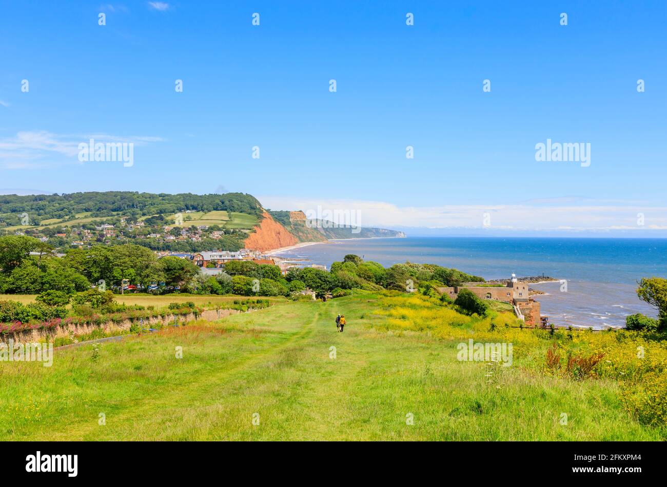 Panoramic view of Salcombe Hill in Sidmouth, a small popular south coast seaside town in Devon, south-west England viewed from Peak Hill (High Peak) Stock Photo
