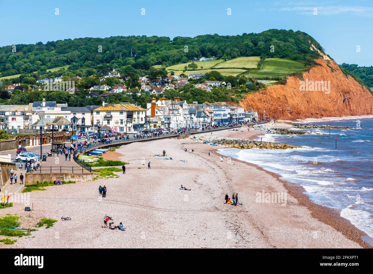 Panoramic view of seafront, beach, Salcombe Hill and coastline of Sidmouth, a small popular south coast seaside town in Devon, south-west England Stock Photo