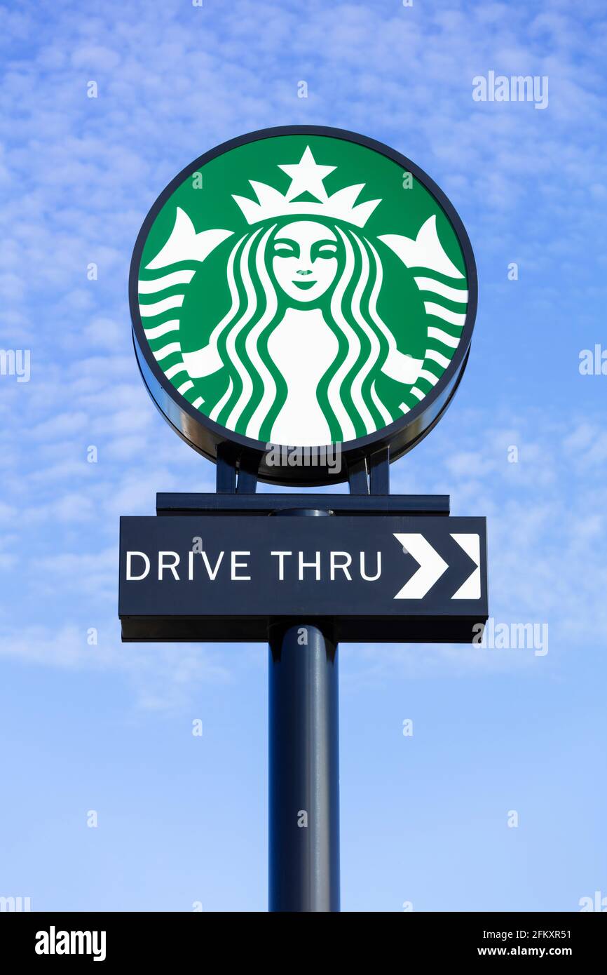 Starbucks drive-thru sign, starbucks logo, starbucks Sign Stock Photo