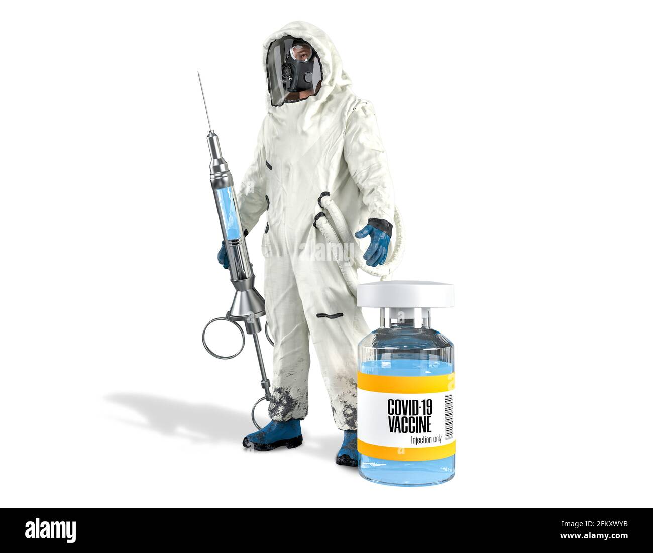 Clipping path, Virologist in white hazardous material suit or hazmat suit holding vintage syringe and coronavirus or covid-19 vaccine bottle Stock Photo