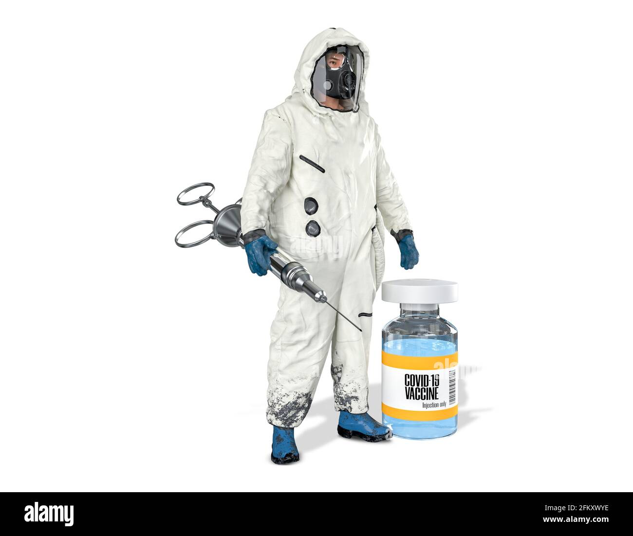 Clipping path, Virologist in white hazardous material suit or hazmat suit holding vintage syringe and coronavirus or covid-19 vaccine bottle Stock Photo