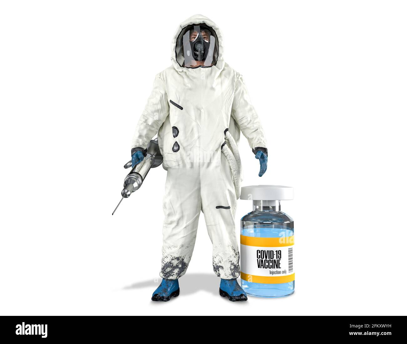 Clipping path, Virologist in white hazardous material suit or hazmat suit holding vintage syringe and coronavirus or covid-19 vaccine bottle Stock Photo