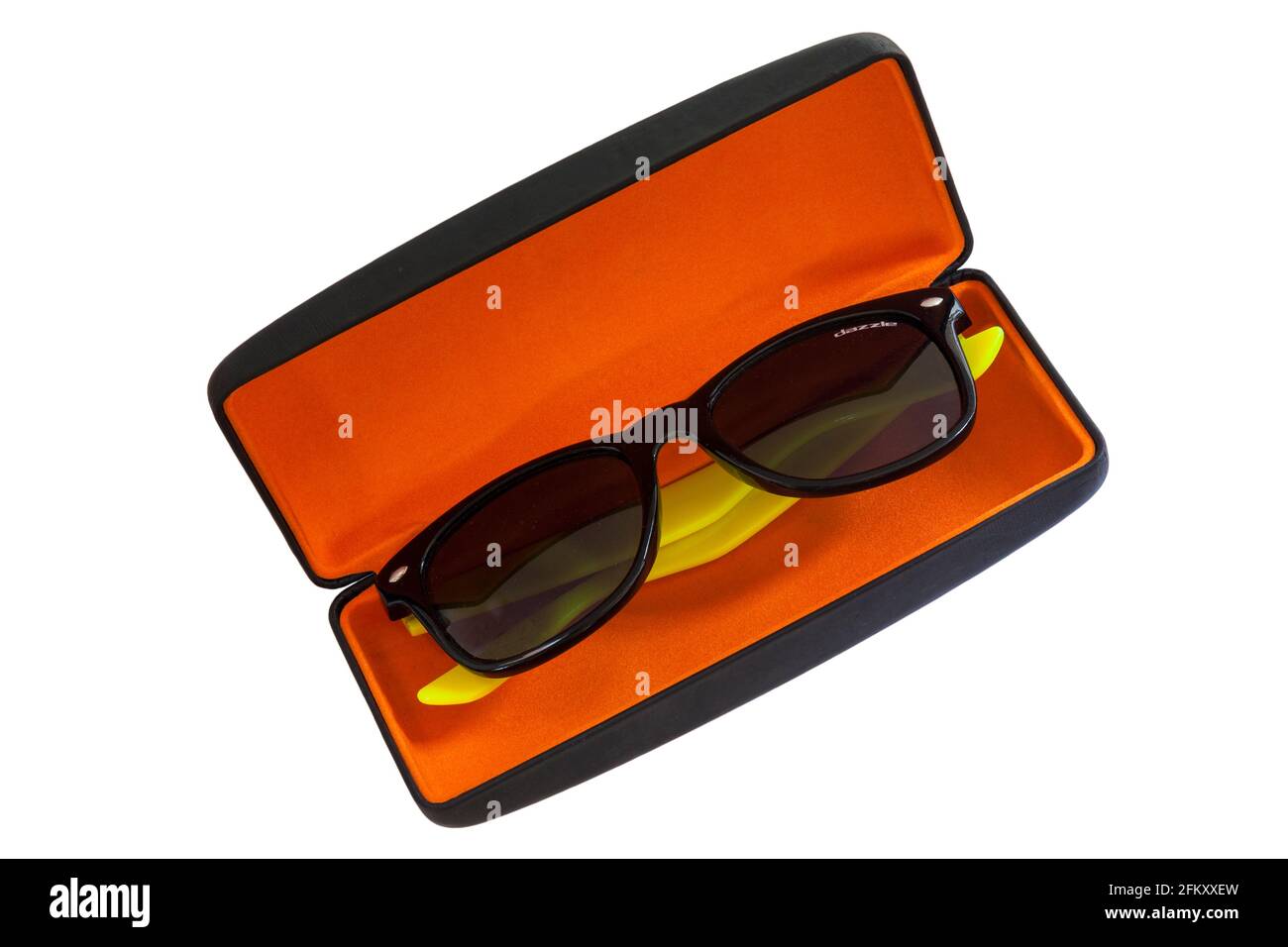 Pair of Dazzle sunglasses with yellow arms in sunglasses case with orange coloured lining isolated on white background Stock Photo
