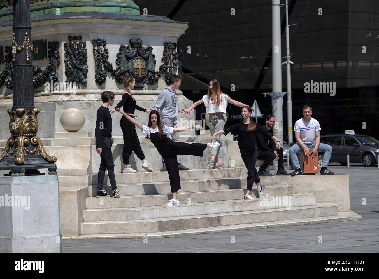 Serbia, Apr 29, 2021: A flash mob dance troupe perform at Republic Square in Belgrade to celebrate the International Dance Day Stock Photo