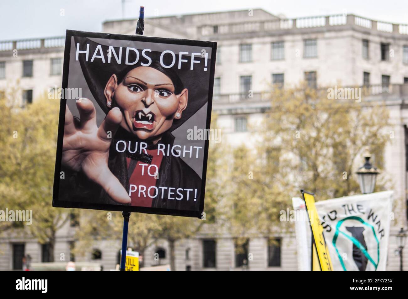 TRAFALGAR SQUARE, LONDON, ENGLAND- 1 May 2021: Priti Patel Spitting Image placard at a KILL THE BILL protest in London Stock Photo