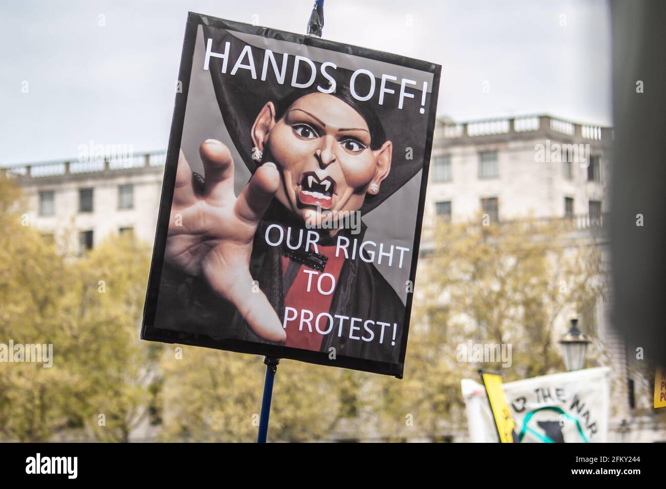 TRAFALGAR SQUARE, LONDON, ENGLAND- 1 May 2021: Priti Patel Spitting Image placard at a KILL THE BILL protest in London Stock Photo