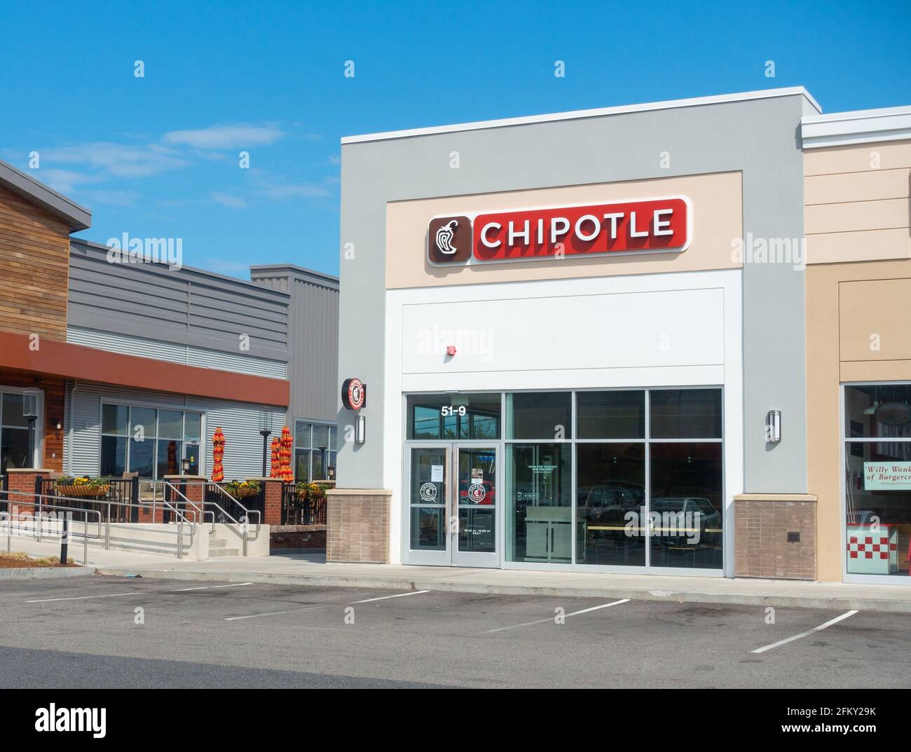 Chipotle Restaurant Storefront in Shopping Area, Plymouth, Massachusetts USA Stock Photo