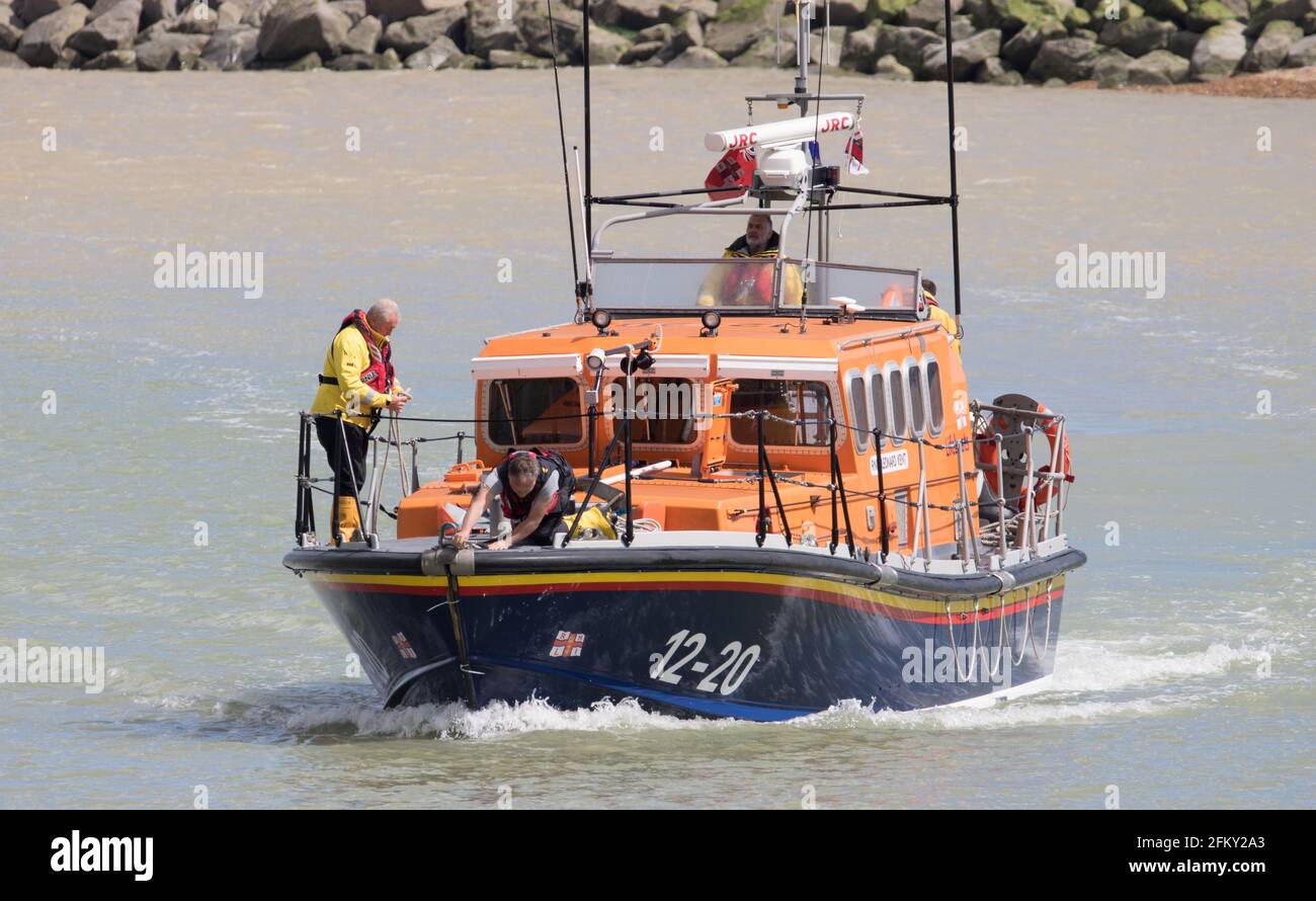 Sovereign Harbour East Sussex, UK. 4th May, 2021. Margate's RNLI Mersey class all-weather lifeboat ‘Leonard Kent' visits en-route to be decommissioned Stock Photo