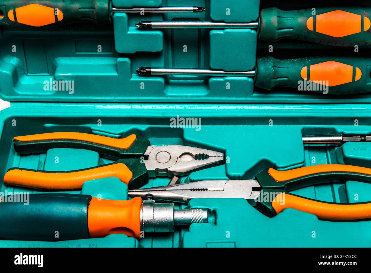 Bench tool equipment. Set of different construction work tools for repair, close up. Stock Photo