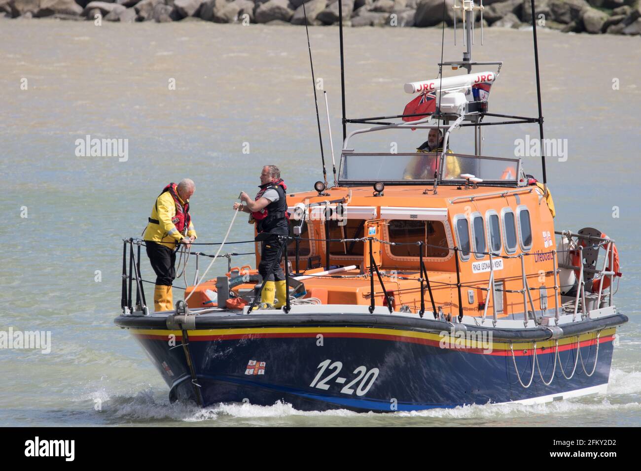 Sovereign Harbour East Sussex, UK. 4th May, 2021. Margate's RNLI Mersey class all-weather lifeboat ‘Leonard Kent' visits en-route to be decommissioned Stock Photo