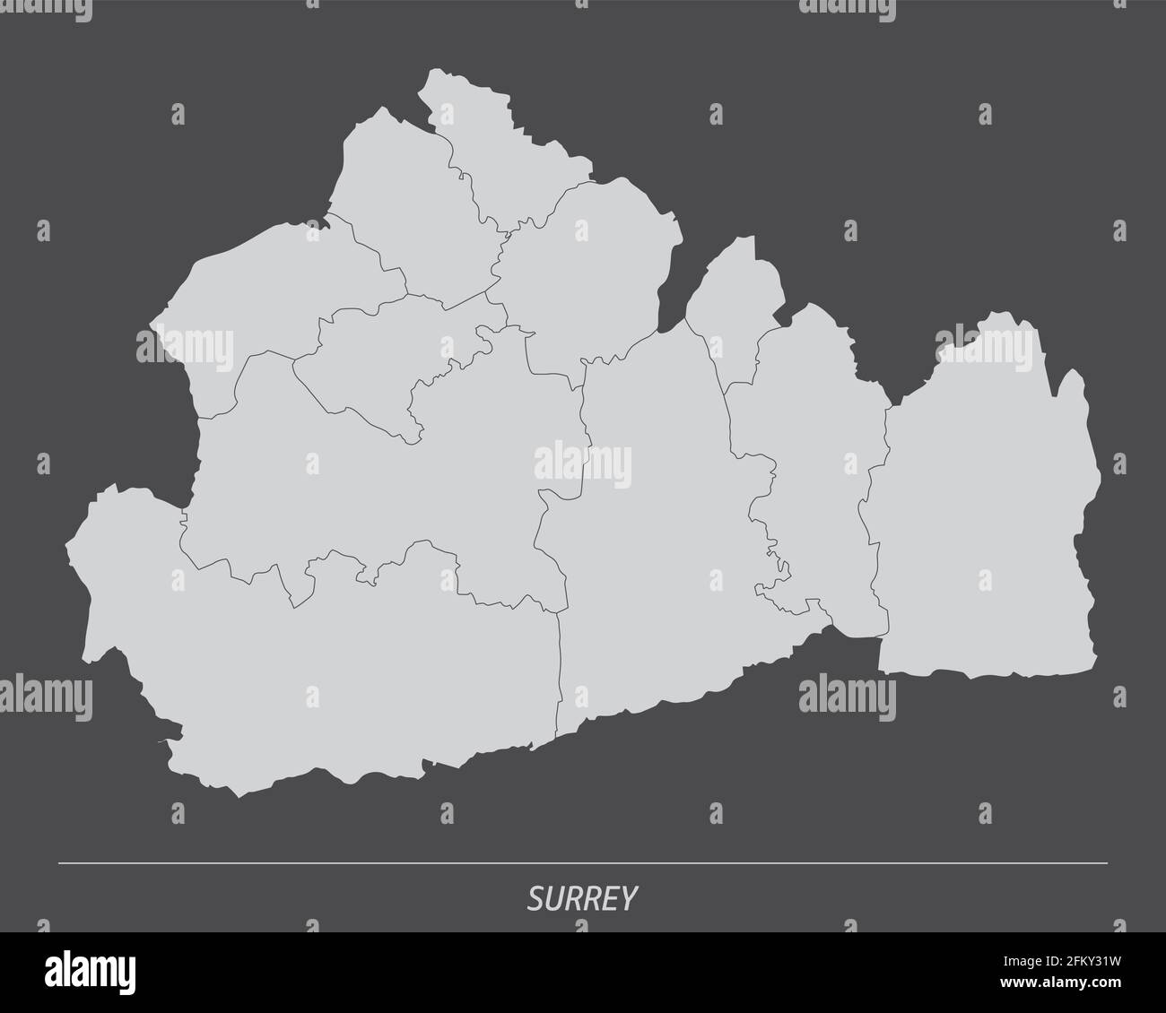 The Surrey county, administrative map isolated on dark background, England Stock Vector