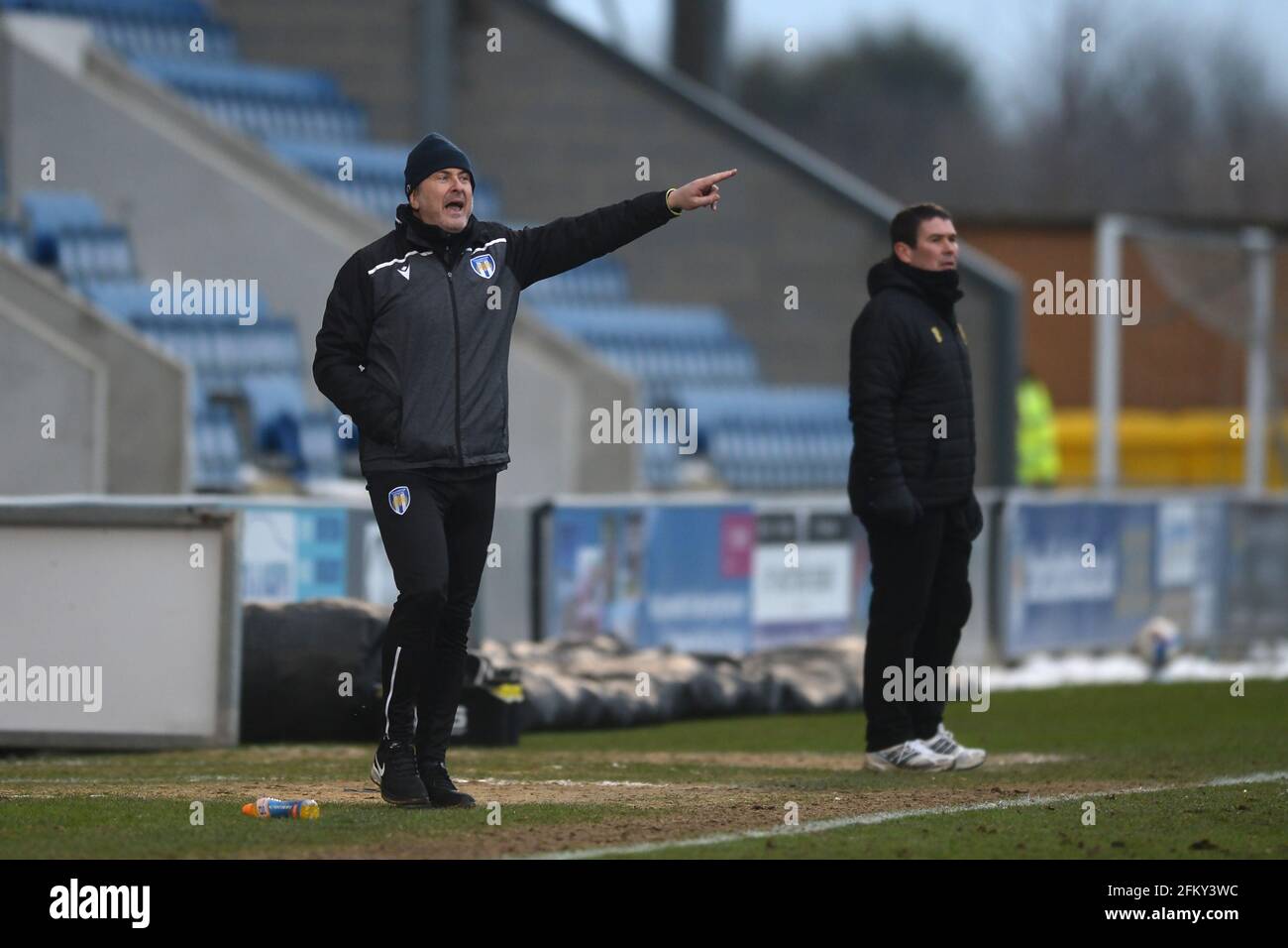 Colchester United Manager, Steve Ball and Mansfield Town Manager, Nigel Clough - Colchester United v Mansfield Town, Sky Bet League Two, JobServe Community Stadium, Colchester, UK - 14th February 2021  Editorial Use Only - DataCo restrictions apply Stock Photo