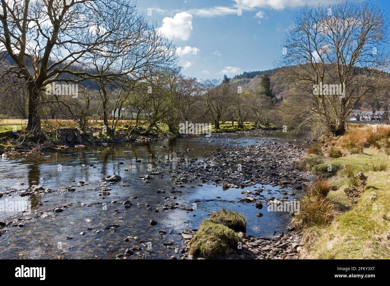 Seen here is the Afon (English: River) Lledr in the Lledr Valley passing near Dolwyddelan in the Snowdonia National Park. Stock Photo