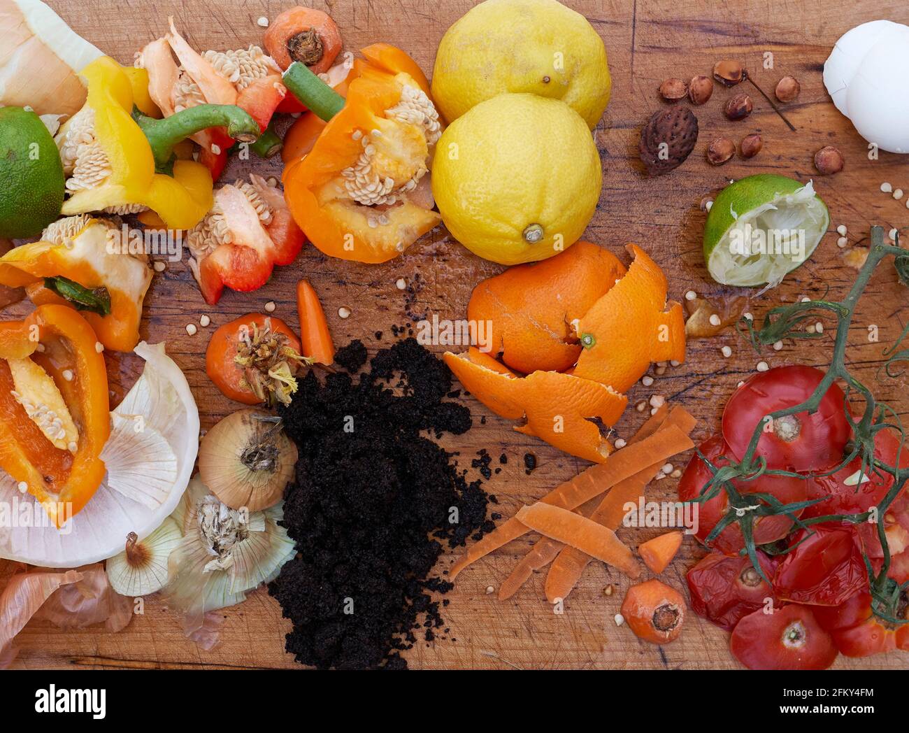 A variety of fruits and vegatable kitchen scraps for composting. Stock Photo