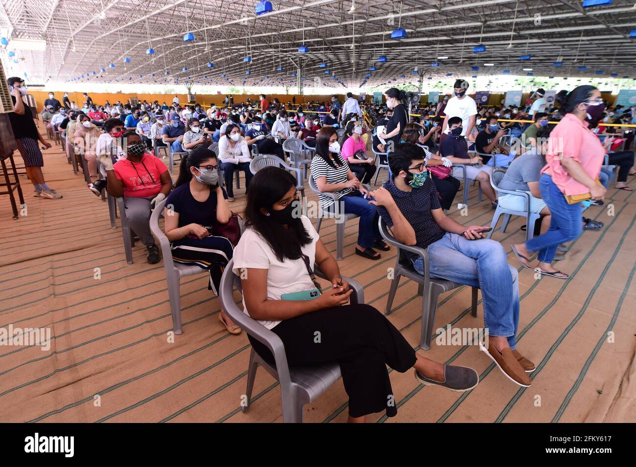 People wait to receive COVID-19 vaccine doses    at one of the largest vaccination sites at Radhaswami Satsang, in New Delhi, India, Tuesday, May 4, 2021.  More than 20 million Indians have been infected with the coronavirus as it continues to spread with 3,500 deaths in the past 24 hours.   Photo by Abhishek/UPI Stock Photo