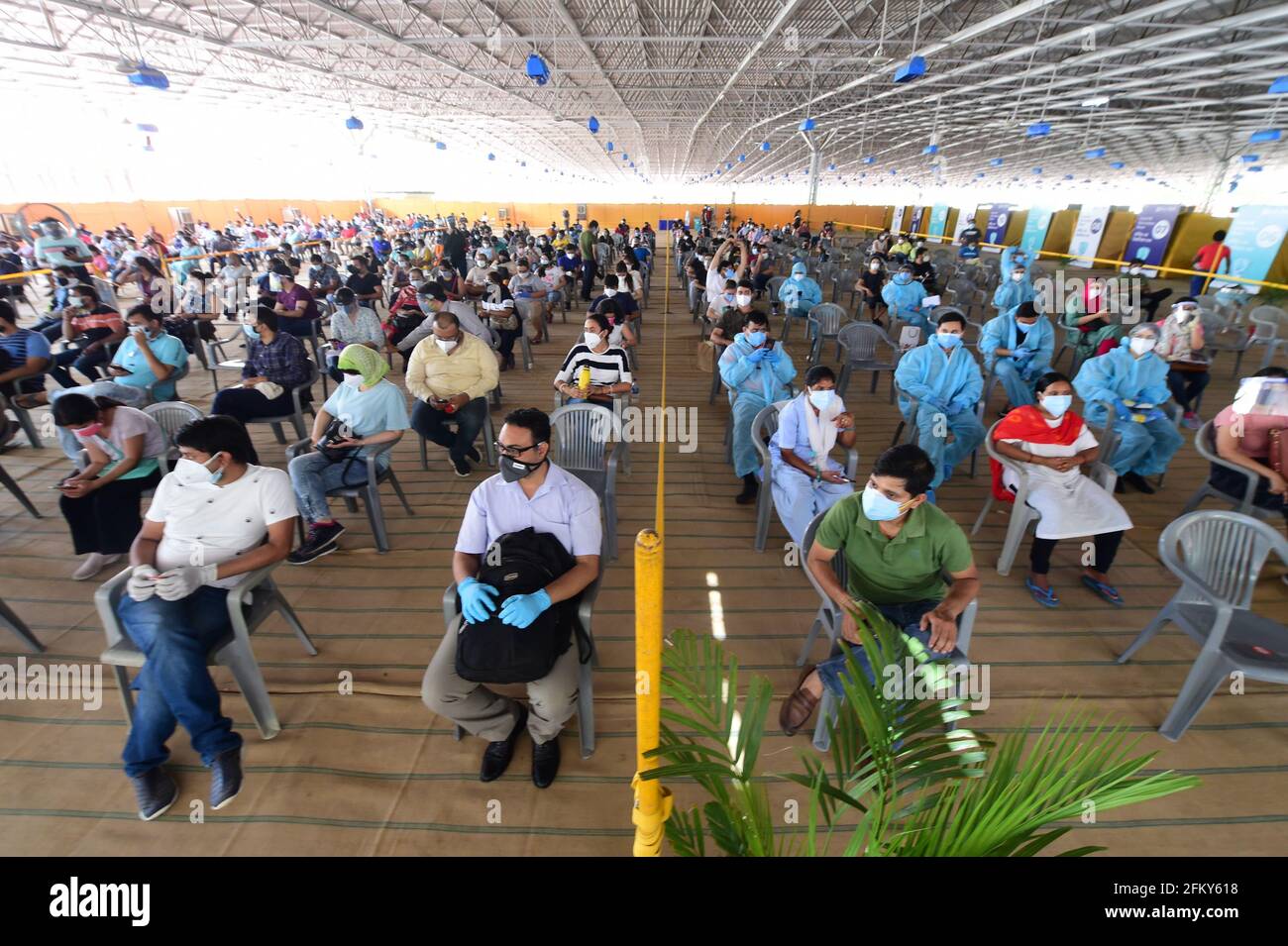 People wait to receive COVID-19 vaccine doses    at one of the largest vaccination sites at Radhaswami Satsang, in New Delhi, India, Tuesday, May 4, 2021.  More than 20 million Indians have been infected with the coronavirus as it continues to spread with 3,500 deaths in the past 24 hours.   Photo by Abhishek/UPI Stock Photo